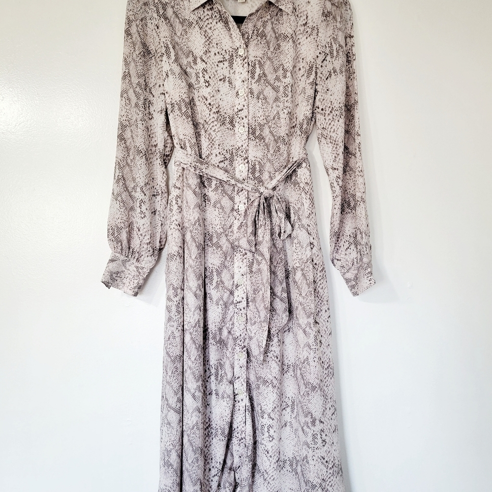 LOFT Snake Print Tie Waist Midi Lavender Beige Dress Size 2 - Picture 3 of 14